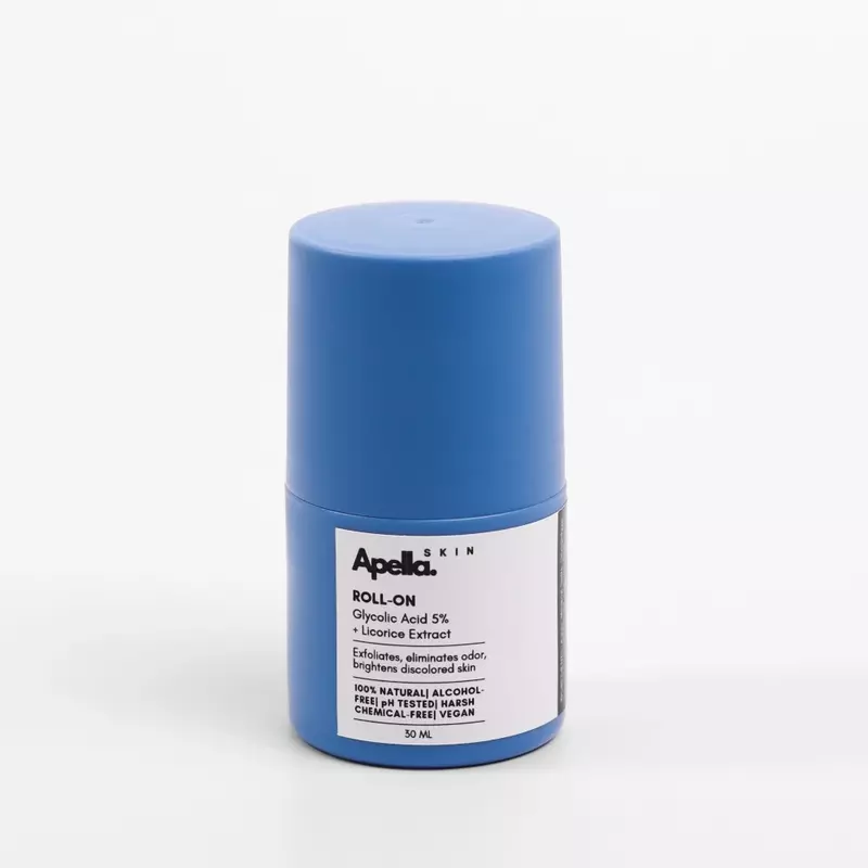 Roll-On bottle with ingredients like Glycolic Acid for exfoliating and brightening underarms
