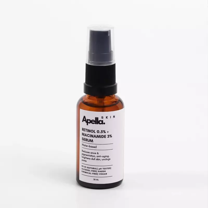 A bottle Apella Skin Retinol and niacinamide serum, promoting anti-aging and acne removal