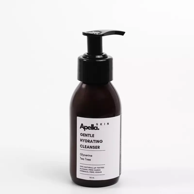 A bottle of Apella Skin Gentle Hydrating Cleanser with a pump lid.