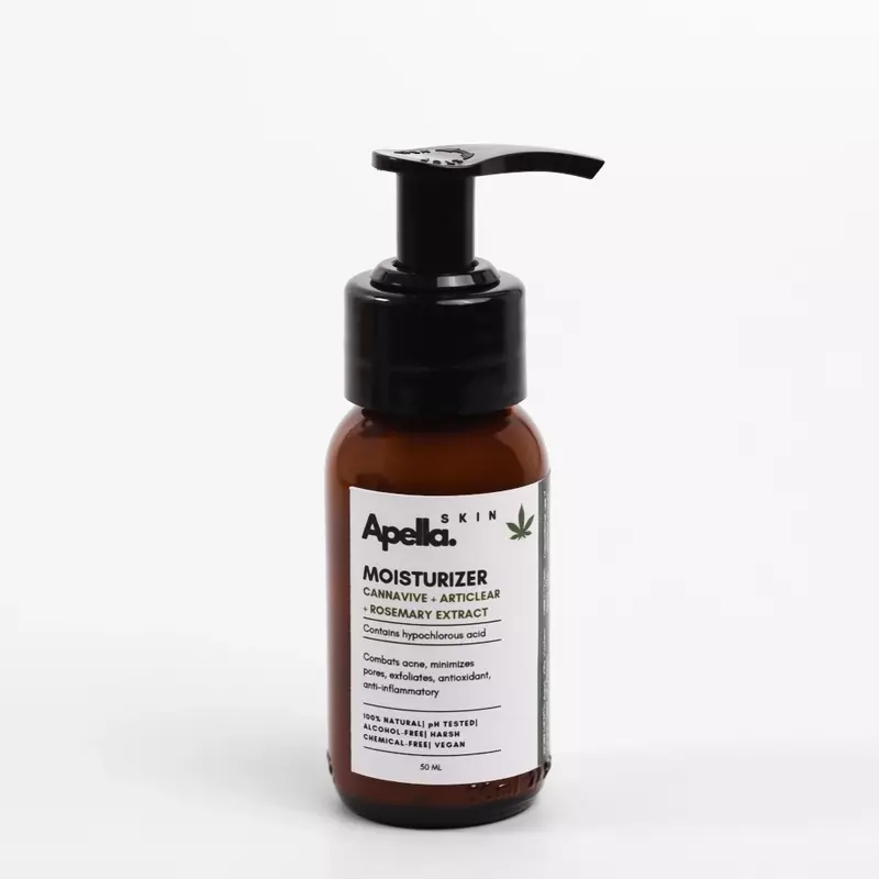 Bottle of moisturizer, featuring cannabis, rosemary extract, and claims of fighting acne.