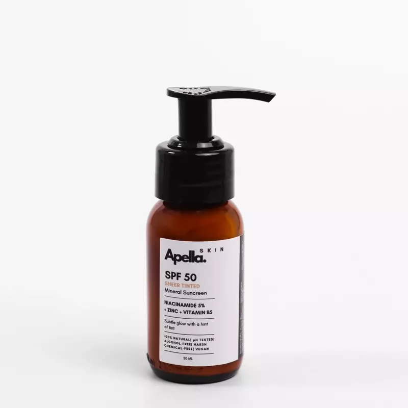 Bottle of Apella Skin Sheer tinted SPF 50 mineral sunscreen with Niacinamide and Zinc.