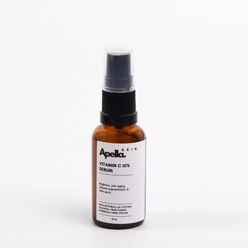 A bottle of Vitamin C serum, labelled for brightening skin, anti-aging and pigmentation