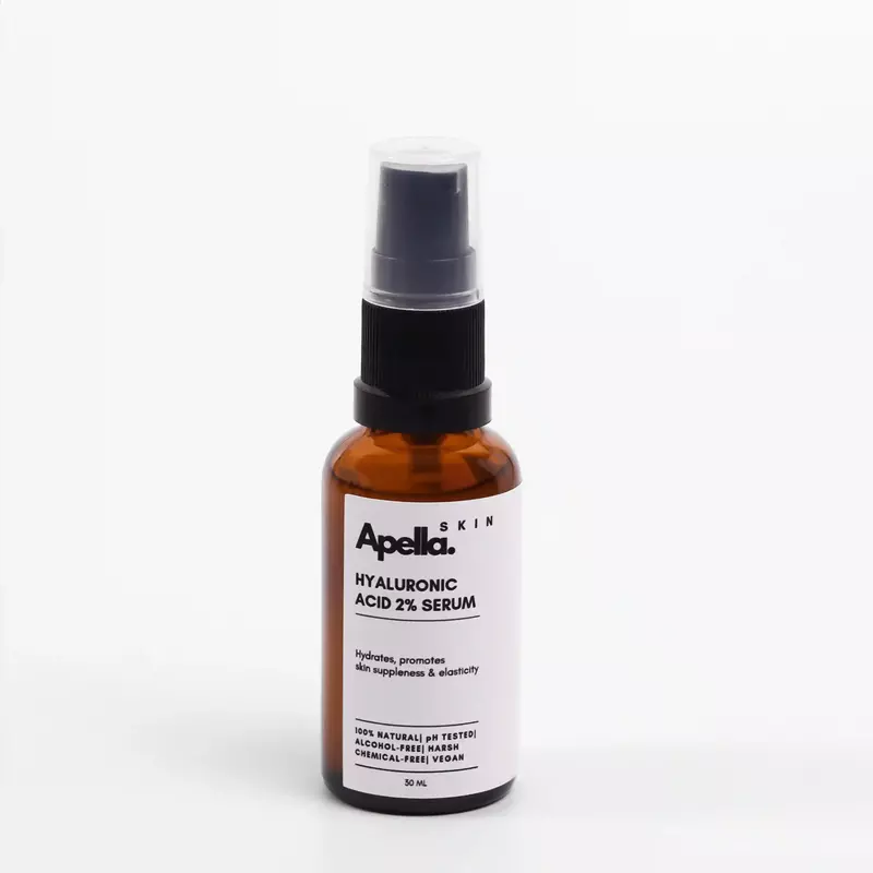 A bottle of Apella Skin Hyaluronic Acid 2% Serum, labelled with skin hydration benefits.