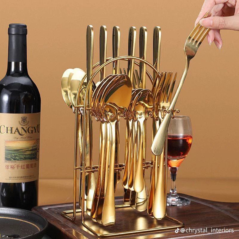 FALARI HEAVY DUTY 24 PIECES CUTLERY SET TABLE TOP SET OF CUTLERIES WITH STAND