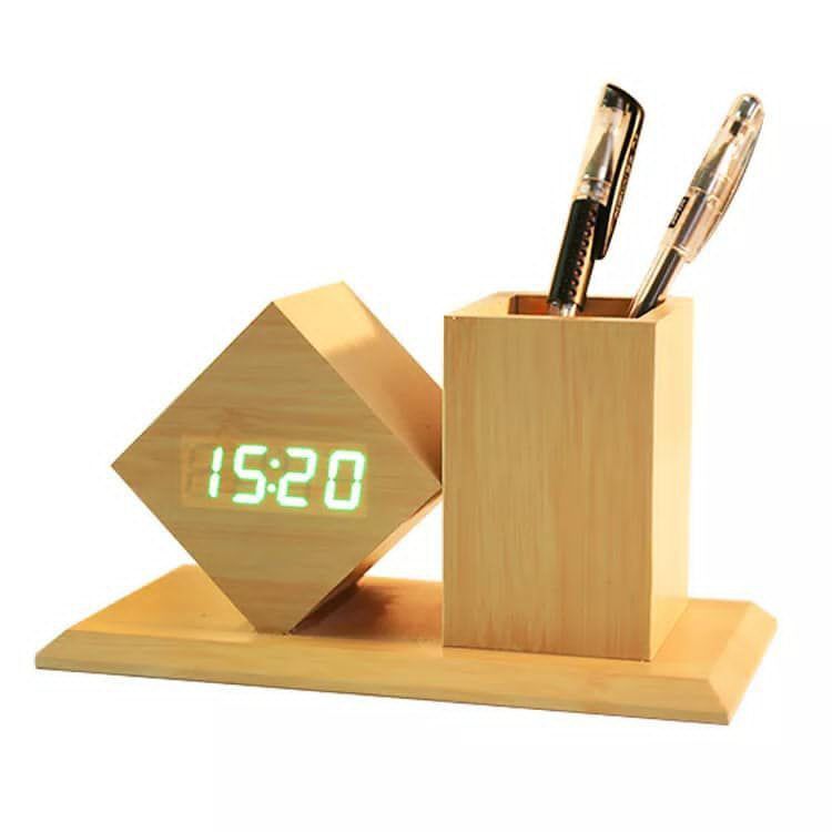 BAMBOO DESKTOP DIGITAL ALARM CLOCK WITH PEN HOLDER