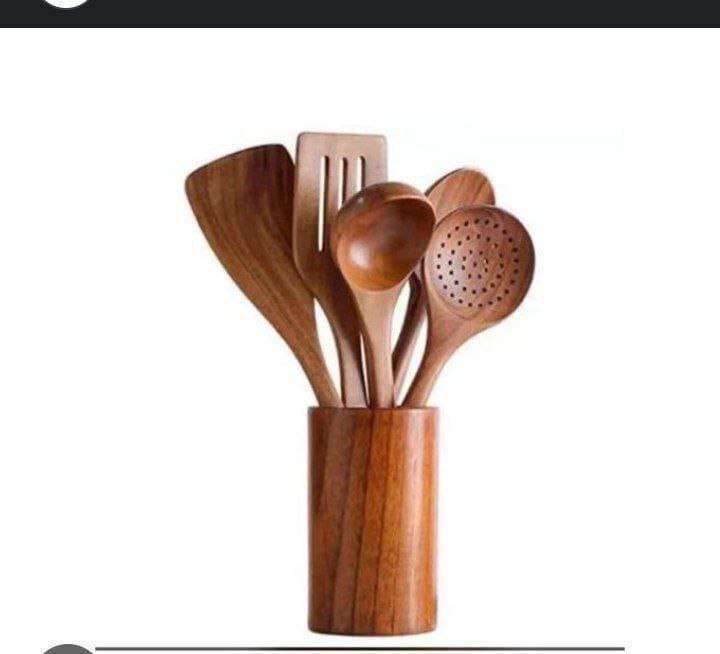 6 PIECES NATURAL  TEAK SOLID WOODEN COOKING SPOON SET COOKWARE SET