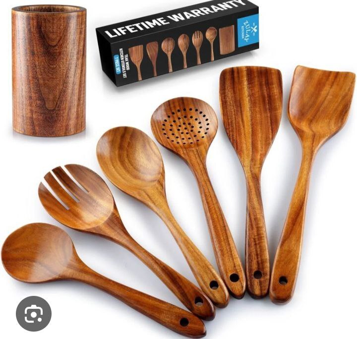 6 PIECES NATURAL  TEAK SOLID WOODEN COOKING SPOON SET COOKWARE SET