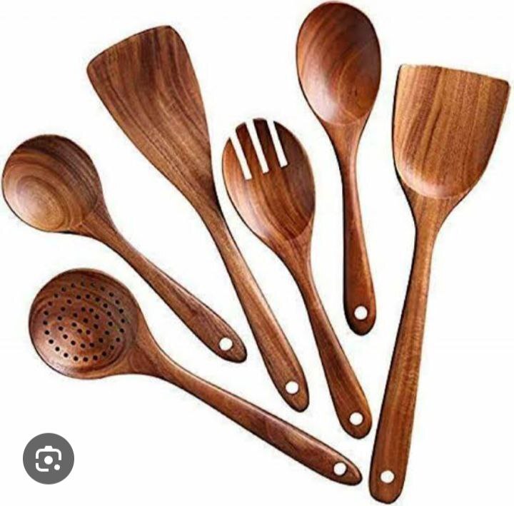 6 PIECES NATURAL  TEAK SOLID WOODEN COOKING SPOON SET COOKWARE SET
