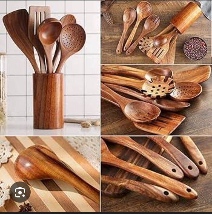 6 PIECES NATURAL  TEAK SOLID WOODEN COOKING SPOON SET COOKWARE SET