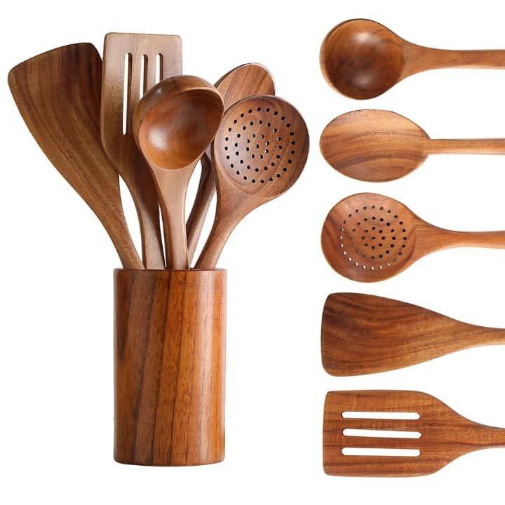6 PIECES NATURAL  TEAK SOLID WOODEN COOKING SPOON SET COOKWARE SET