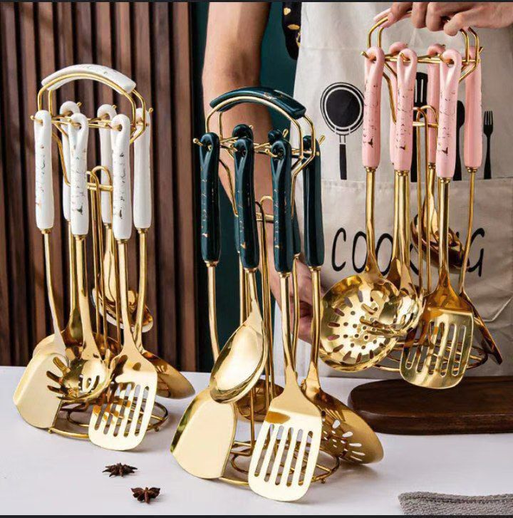 GOLD-PLATED STAINLESS STEEL 6 PIECES  COOKING SPOONS WITH RACK