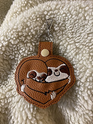 Embroidered Sloth Keychain: Faux Leather Hugging Sloth Snap Tab