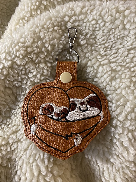 Embroidered Sloth Keychain: Faux Leather Hugging Sloth Snap Tab