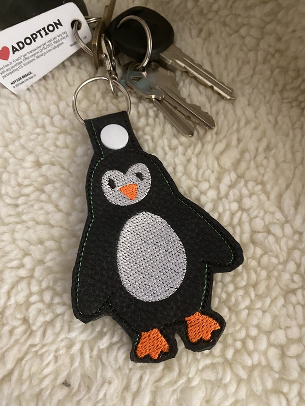 Embroidered Penguin Keychain: Faux Leather Snap Tab Key Fob