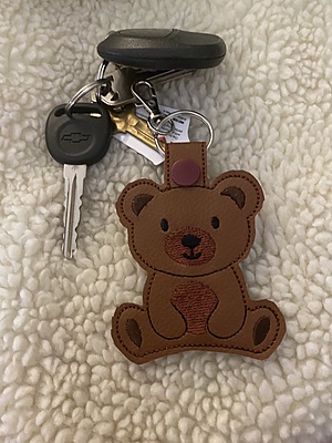 Embroidered Brown Bear Faux Leather Keychain: Snap Tab Key Fob