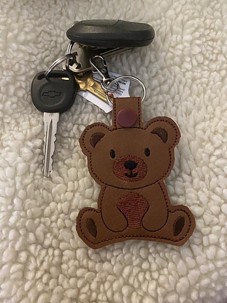 Embroidered Brown Bear Faux Leather Keychain: Snap Tab Key Fob