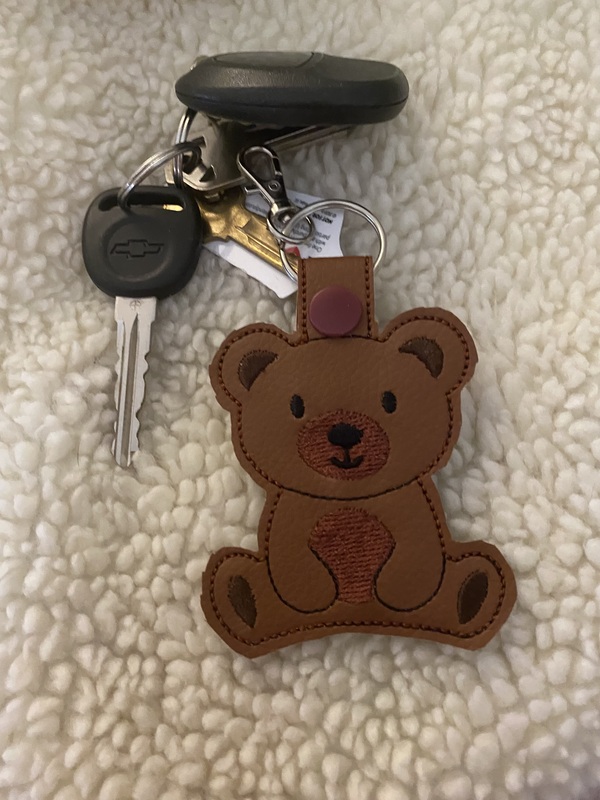 Embroidered Brown Bear Faux Leather Keychain: Snap Tab Key Fob