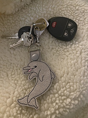 Embroidered Dolphin Keychain: Faux Leather Snap Tab Key Fob