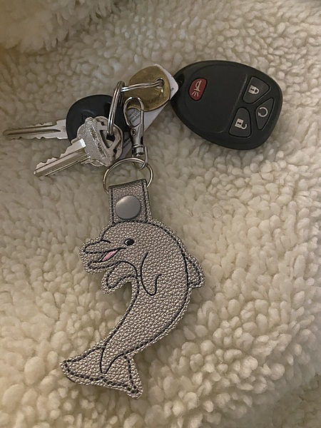 Embroidered Dolphin Keychain: Faux Leather Snap Tab Key Fob