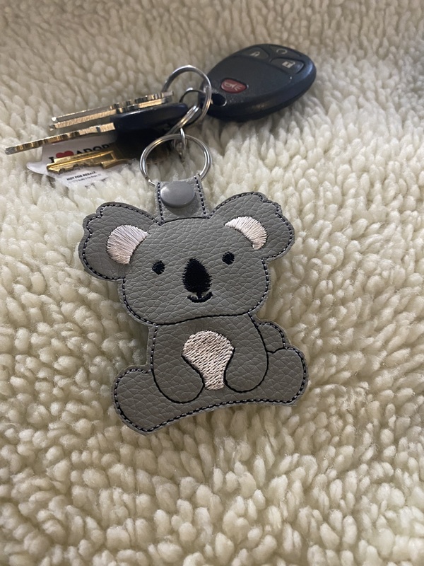 Embroidered Koala Bear Keychain: Faux Leather Snap Tab Key Fob