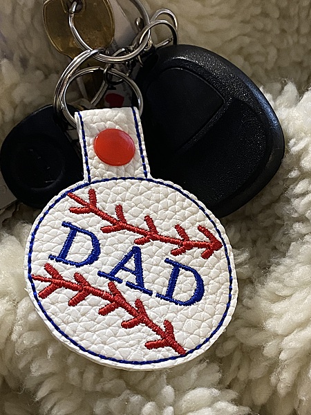 Dad Baseball Keychain: Embroidered Faux Leather Snap Tab Key Fob