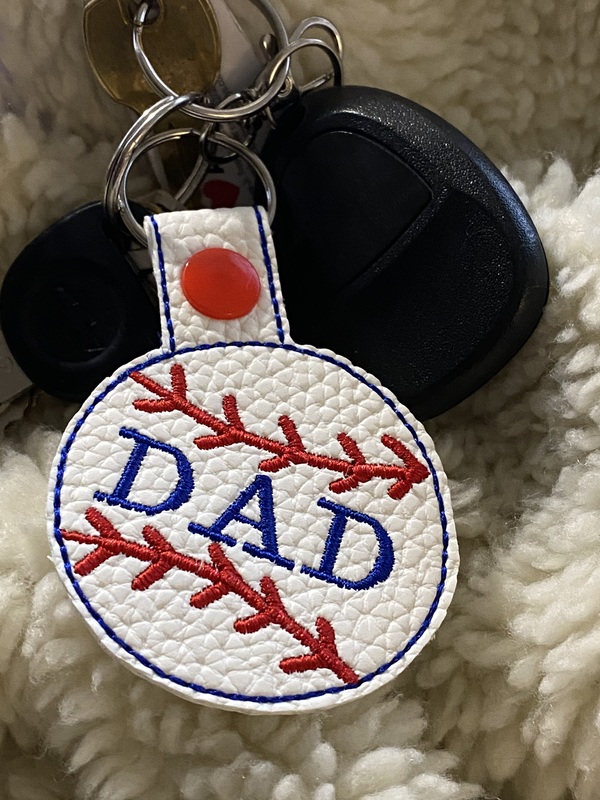 Dad Baseball Keychain: Embroidered Faux Leather Snap Tab Key Fob