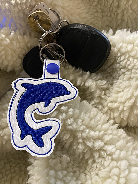 Blue Dolphin Keychain: Embroidered Faux Leather Snap Tab