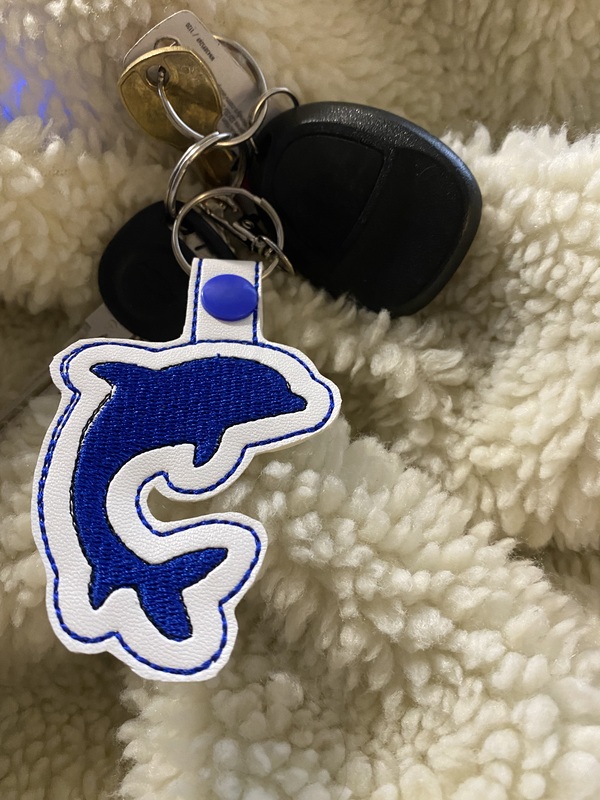 Blue Dolphin Keychain: Embroidered Faux Leather Snap Tab