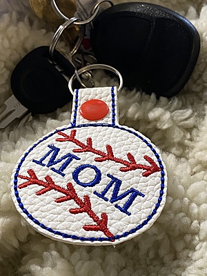 Mom Baseball Keychain: Embroidered Faux Leather Snap Tab Key Fob