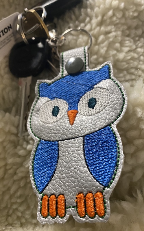 Embroidered Owl Keychain: Faux Leather Snap Tab Key Fob