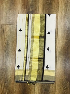 Handwoven Designer Kerala Saree from Balaramapuram, Golden Zari and Maroon Border with Overall Handwoven Maroon Leaf Designs/With Blouse