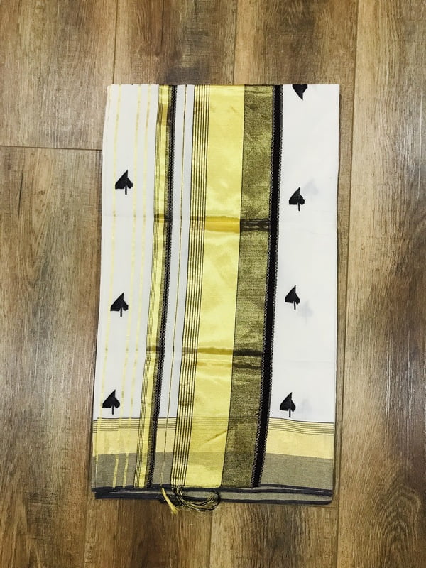 Handwoven Designer Kerala Saree from Balaramapuram, Golden Zari and Maroon Border with Overall Handwoven Maroon Leaf Designs/With Blouse Handwoven Designer Kerala Saree from Balaramapuram, Golden Zari and Maroon Border with Overall Handwoven Maroon Leaf Designs/With Blouse