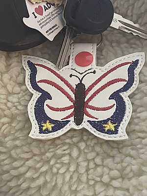 Embroidered Patriotic Butterfly Keychain: Faux Leather Snap Tab