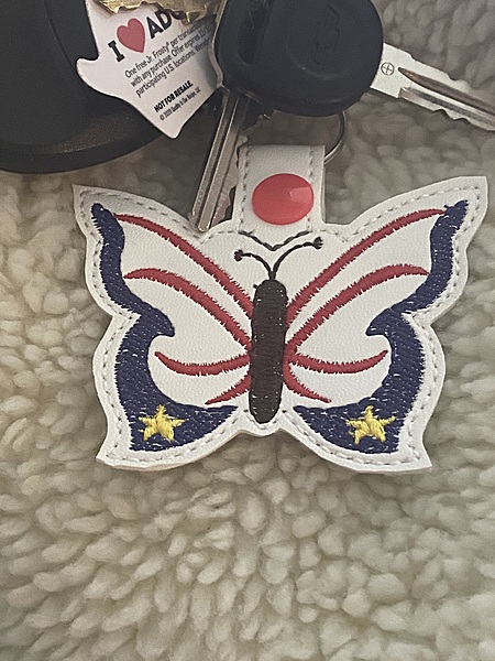 Embroidered Patriotic Butterfly Keychain: Faux Leather Snap Tab