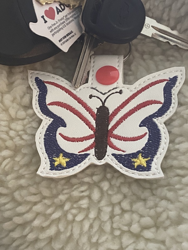Embroidered Patriotic Butterfly Keychain: Faux Leather Snap Tab