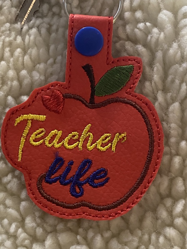 Teacher Life Faux Leather Keychain: Embroidered Apple Key Fob