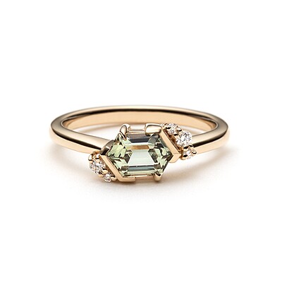 One of a Kind Hexagonal Green Sapphire and Diamond Ring