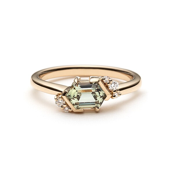 One of a Kind Hexagonal Green Sapphire and Diamond Ring