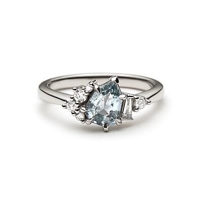 One of a Kind Geometric Pear Shape Teal Sapphire and Diamond Ring