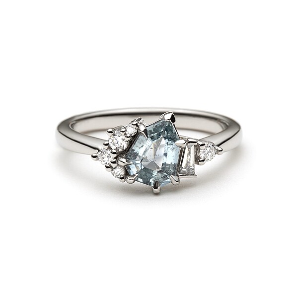 One of a Kind Geometric Pear Shape Teal Sapphire and Diamond Ring