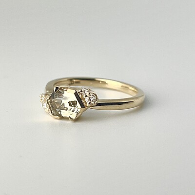 One of a Kind Hexagonal Green Sapphire and Diamond Ring