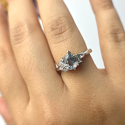 One of a Kind Geometric Pear Shape Teal Sapphire and Diamond Ring