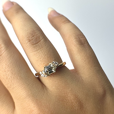 One of a Kind Hexagonal Green Sapphire and Diamond Ring