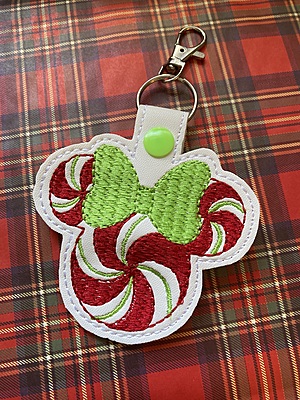 Peppermint Candy Mouse Faux Leather Keychain: Embroidered Snap Tab