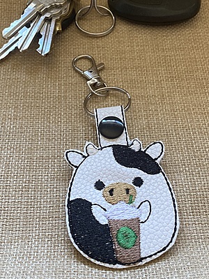 Squishy Cow with Coffee Keychain: Faux Leather Bag Tag