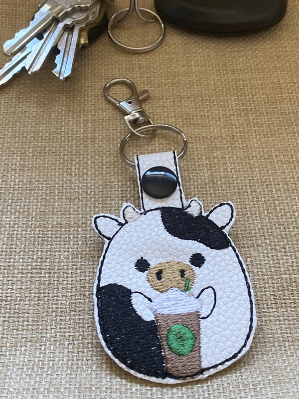 Squishy Cow with Coffee Keychain: Faux Leather Bag Tag