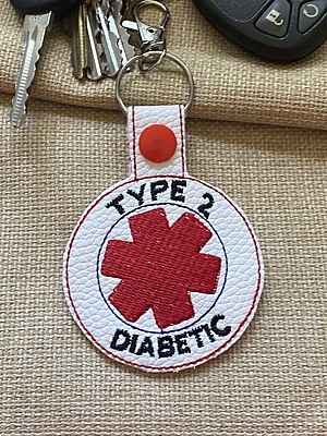 Type 2 Diabetic Medical ID Keychain: Embroidered Faux Leather Snap Tab