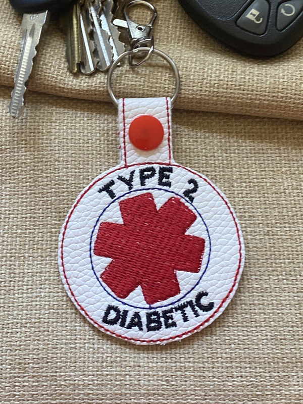 Type 2 Diabetic Medical ID Keychain: Embroidered Faux Leather Snap Tab