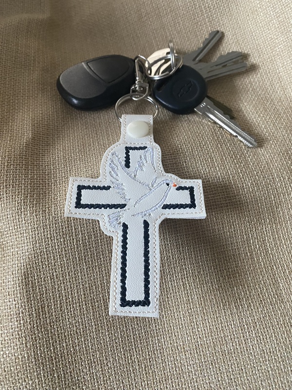 Embroidered Cross Dove Keychain: Faux Leather Easter Key Fob