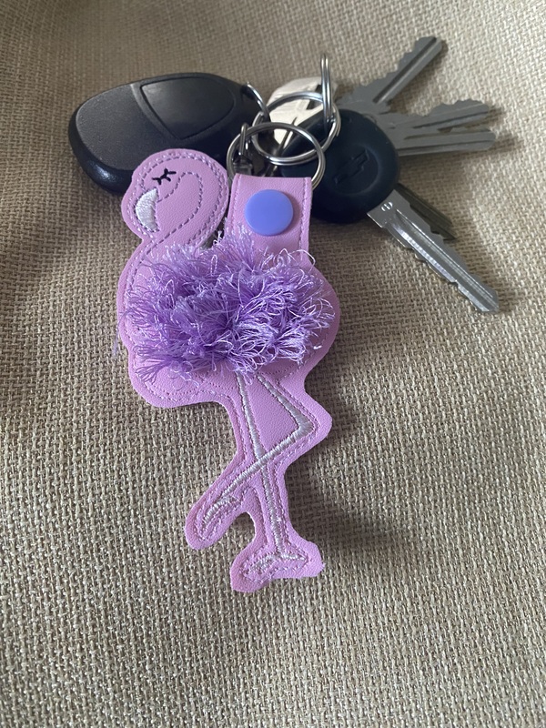 Fringed Flamingo Keychain: Embroidered Faux Leather Snap Tab